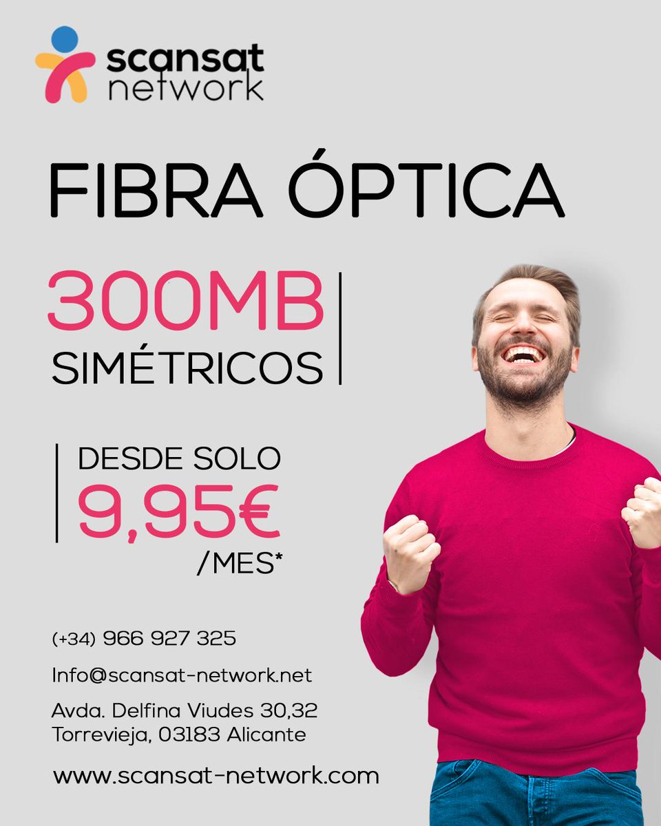 ScanSatNetwork's tweet image. No te pierdas los 300MB simétricos de Fibra Óptica a 9,95€ !!
'
(+34) 966 927 325
info@scansat-network.net
Avda. Delifna Viudes 30-32 Torrevieja
'
'
#Torrevieja #Costablanca #orihuelacosta #rojales #guardamar #guardamardelsegura #lamata #playaflamenca #lazenia #orihuela
