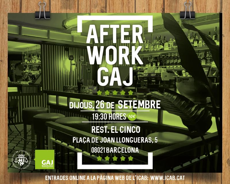 GAJBarcelona's tweet photo. 🍹 #AfterworkGAJ: Avui a les 19.30 us esperem al restaurant "El Cinco" en una nova edició del nostre Afterwork! Apunteu-vos ja! + Info https://t.co/CYBEbgOmkk https://t.co/Aig59bgO8J