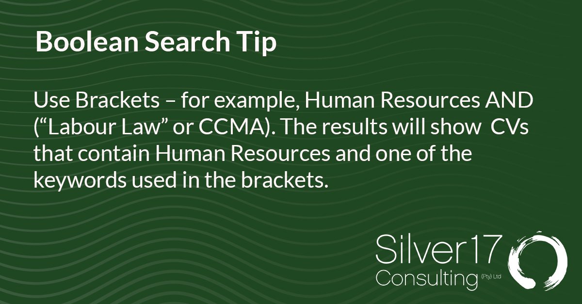 JenvanRiet's tweet image. Boolean Search Tip
Use Brackets – for example, Human Resources AND (“Labour Law” or CCMA). The results will show CVs that contain Human Resources and one of the keywords used in the brackets.
#BooleanString #BooleanSearch #Boolean #Sourcing #Recruitment