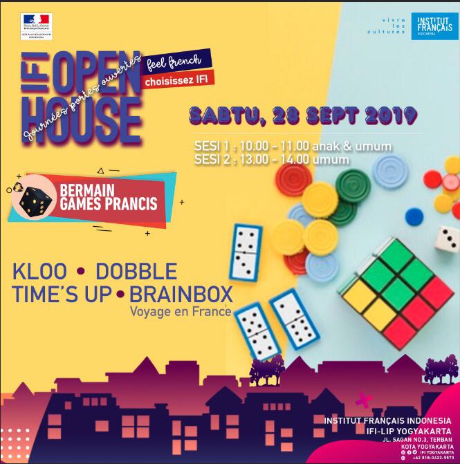 Yuk mengenal Game Prancis di IFI Open House!
Ada beberapa permainan yang seru dan tentunya sambil belajar bahasa Prancis juga.

Jangan sampai ketinggalan, daftar sekarang juga!
Format pendaftaran: ketik (nama) (sesi 1/2)
Kirim ke 081238333588 (sms/WA)

Tempat terbatas
Gratis