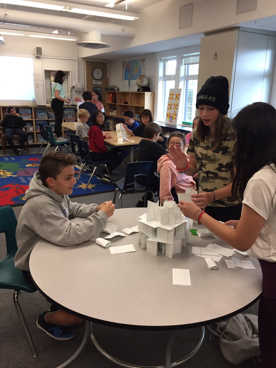 ms__keller's tweet image. Grade 7s competing in an index card tower design challenge. Had to work in teams to support a (heavy) stuffed animal and build for height! The biggest challenge in September? Communication. #ADST #makerstudio #westvaned #designchallenge