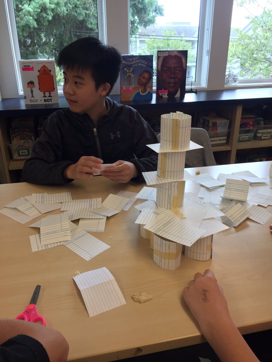 ms__keller's tweet image. Grade 7s competing in an index card tower design challenge. Had to work in teams to support a (heavy) stuffed animal and build for height! The biggest challenge in September? Communication. #ADST #makerstudio #westvaned #designchallenge