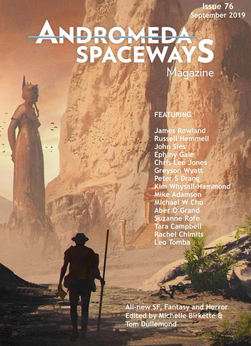ASIMtweets's tweet photo. Oh hey so here’s our cover for issue 76, coming very very soon! Get ready for giant statues, bureaucratic magic, and the dangers of the steppes. Oh and blowing up a moon. Ancient poetry. Feelings. Stuff like that. Nanobots getting into your hair. I mean, I could go on. https://t.co/BtdS6AUYPo