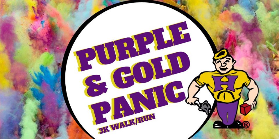 HobartHS's tweet photo. This Sunday the Purple &amp; Gold Panic 3K Walk/Run will take place at 1:00 PM! (Check in begins at 11:30am) This unique fundraiser is a run/walk celebrating fitness, family fun, and community spirit. Call Athletics to find out more! https://t.co/T0Ii3vze2A
