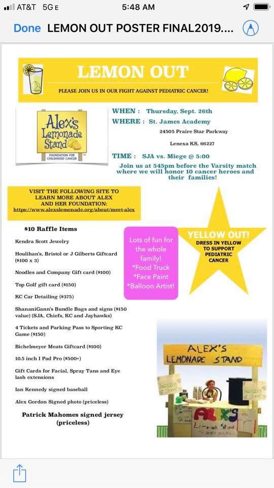 sjavball's tweet photo. Lemon out tomorrow!!! Can’t wait to celebrate our brave heroes. SJA students don’t forget to bring your $$ to give yourself a chance to win one of our 18 amazing prizes The Patrick Mahomes Jersey is up for grabs! Lets pack the place for our heroes! #alexslemonadestand #sjavb 🍋 https://t.co/bn5ZMgCtgt