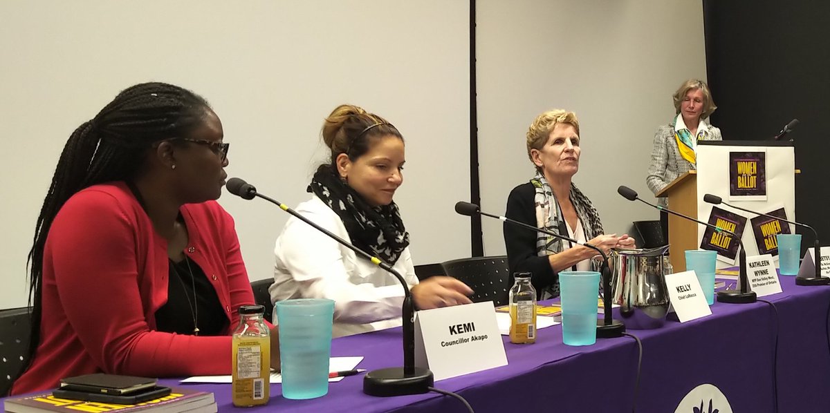 SELMarySmith's tweet photo. Thanks @BetsyMcGregor #TrentStudentAssociation for @WomenOnBallot! Great panel @kemi_akapo @LaRoccaKelly @Kathleen_Wynne talk #womeninpolitics at @TrentUniversity https://t.co/fd7ELYyzIb