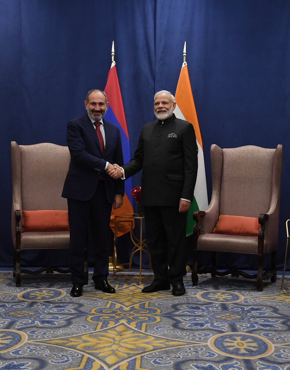 narendramodi's tweet image. Held extensive deliberations with PM @NikolPashinyan. We talked about expanding India-Armenia cooperation in aspects relating to technology, pharmaceuticals and agro-based industries. PM Pashinyan also referred to the popularity of Indian movies, music and Yoga in Armenia.