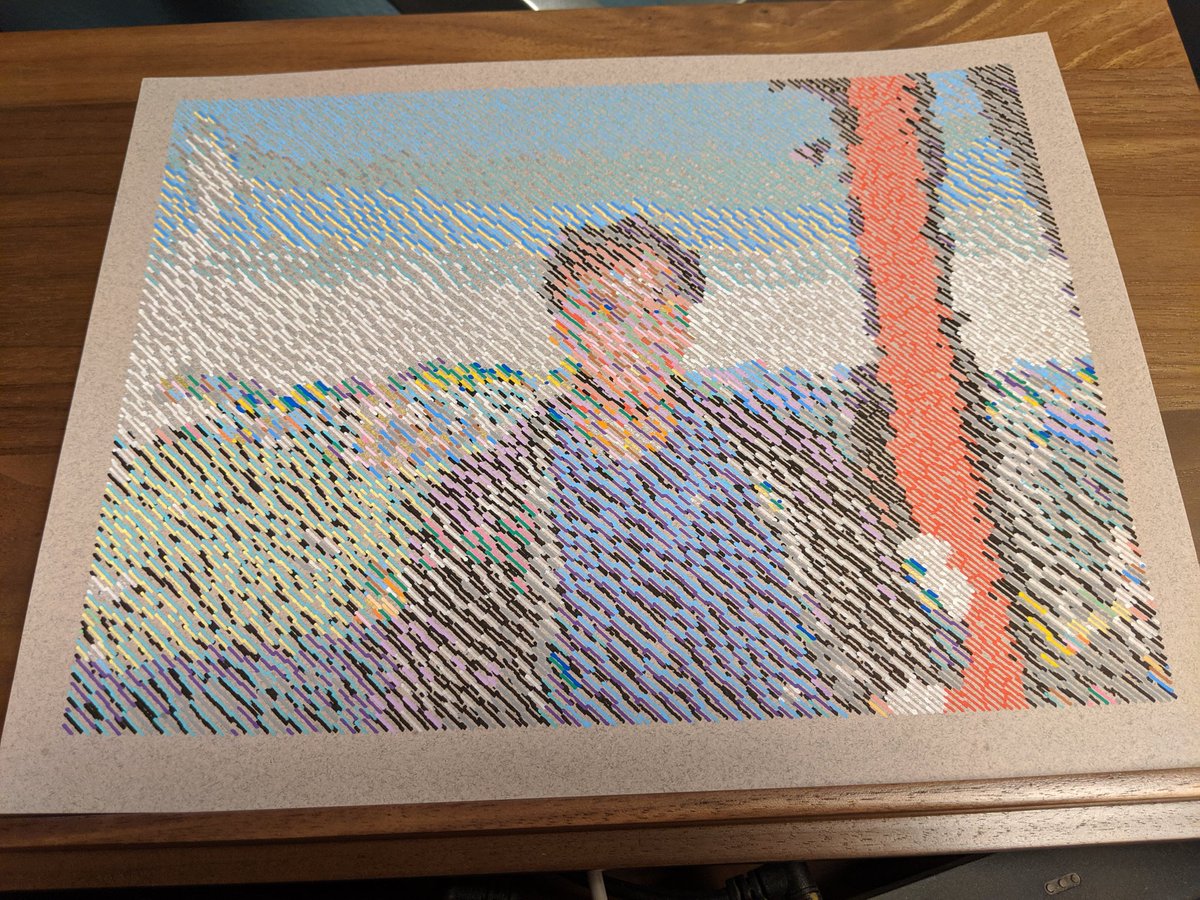 cabbagebot's tweet image. Self portrait. Not 100% pleased with this, but I learned a lot.

Most interesting to me being that there are names for colors in Japanese that do not translate to English. The ones used in this are &apos;yamabuki&apos; and &apos;daidai&apos;.

en.m.wikipedia.org/wiki/Blue%E2%8…

#plottertwitter