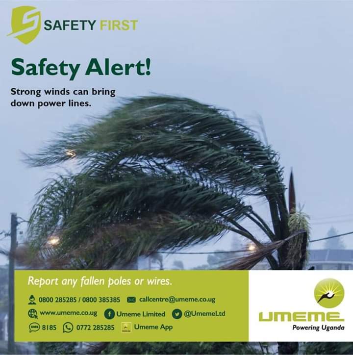 UmemeLtd's tweet photo. #SafetyAlert 
Strong winds can bring down powerlines!
Report any broken wires, poles and any other emergencies through Umeme WhatsApp- 0772 285285/ Toll free- 0800 385 385 or 0800 285 285.
#SafetyFirst. #StayAlert |Fe https://t.co/UAMt6pZPo0