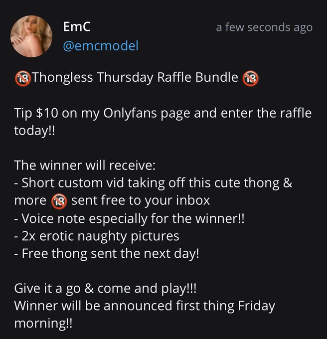 ➡️ Thongless Thursday Raffle Bundle happening right now on my Onlyfans Page!!! 
Be in it to win it!!