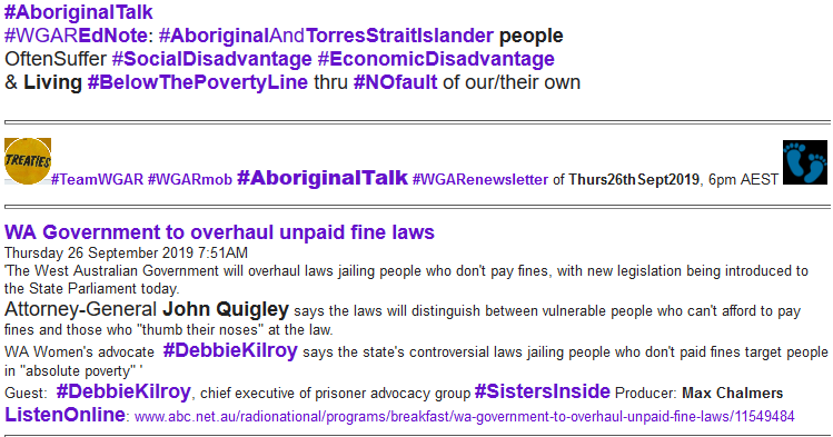 WgarNews's tweet photo. #WAGovt to overhaul #UnpaidFineLaws
#FreeThePeople #DebKilroy: 'FundamentalIssue is #Poverty': https://t.co/bfQOsZW8d4 #GerryGeorgatos Calls 4 #IncomeBasedFines: https://t.co/cJA03TT7LU #AboriginalTalk 26Sep19 #FinesShouldBeIncomeBased #SupportAndAdvocacy https://t.co/AYsPhnSrwN https://t.co/W2Sc67KK6O