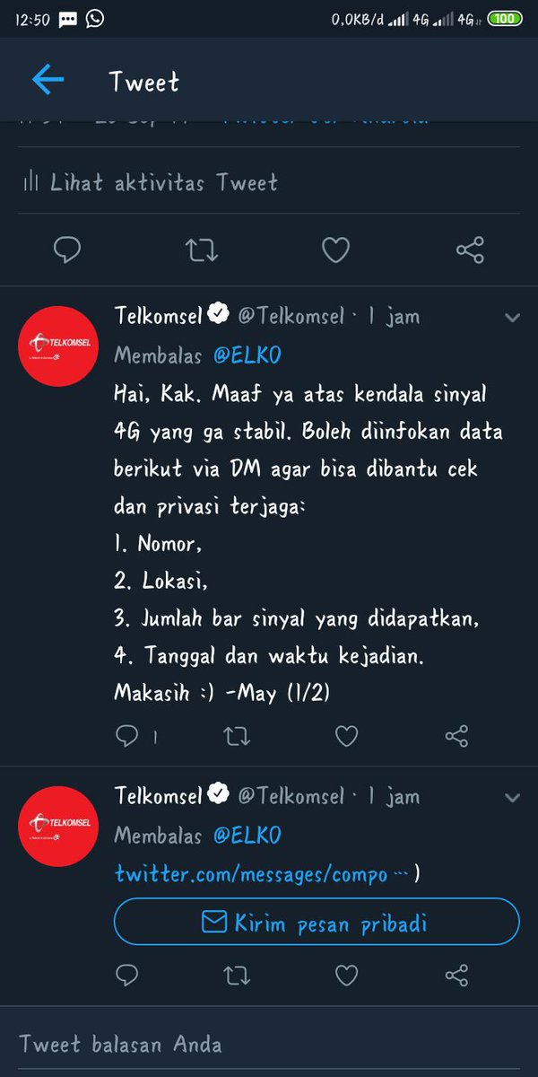Telkomsel Twitterissa Hai Kak Maaf Ya Atas Kendala Sinyal 4g Yang Ga Stabil Boleh Diinfokan Data Berikut Via Dm Agar Bisa Dibantu Cek Dan Privasi Terjaga 1 Nomor 2 Lokasi 3 Jumlah