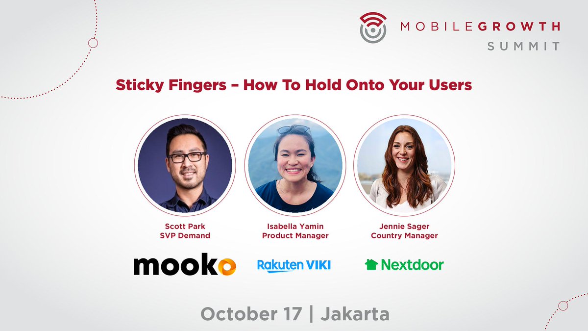 MobileGrowthMGA's tweet photo. Get your ticket to join us at #MGS19 on 17th Oct in @RitzCarlton  #JAKARTA #Asia to hear more from Scott Park #Mooko, isabella yamin @Viki &amp; @thejenspot @nextdoor about 
  Sticky Fingers – How To Hold Onto Your Users https://t.co/AIzpfISiC4 #MobileGrowth #AppMarketing https://t.co/hAO8xlkdKd