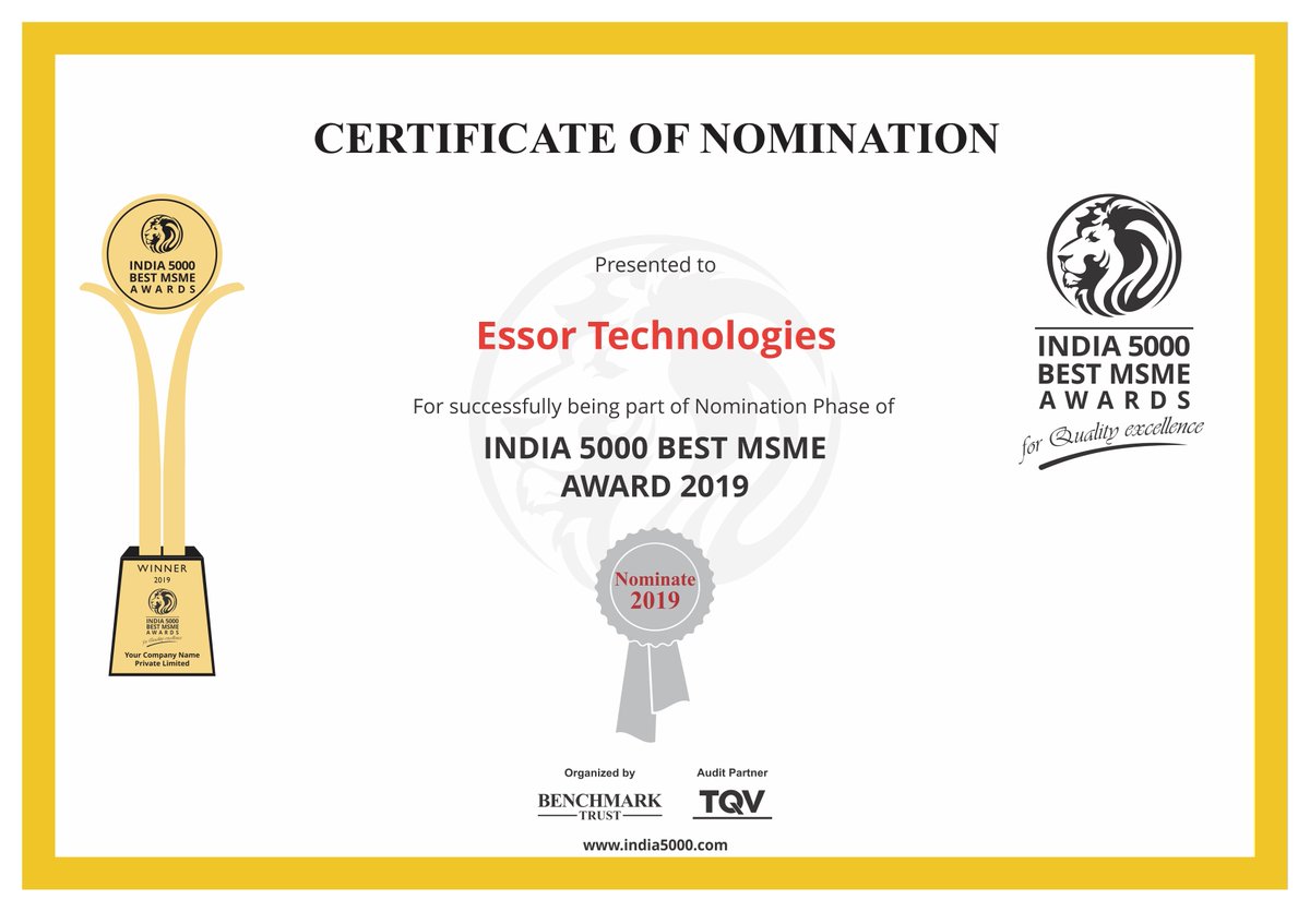 essortechno's tweet photo. We feel great pleasure to announce that Essor Technologies has been nominated under India 5000 Best MSME Awards 2019 of India 5000 Awards.#EssorTechnologies #TeamEssor #MSMEAwards2019 https://t.co/UDYVSUO9J4