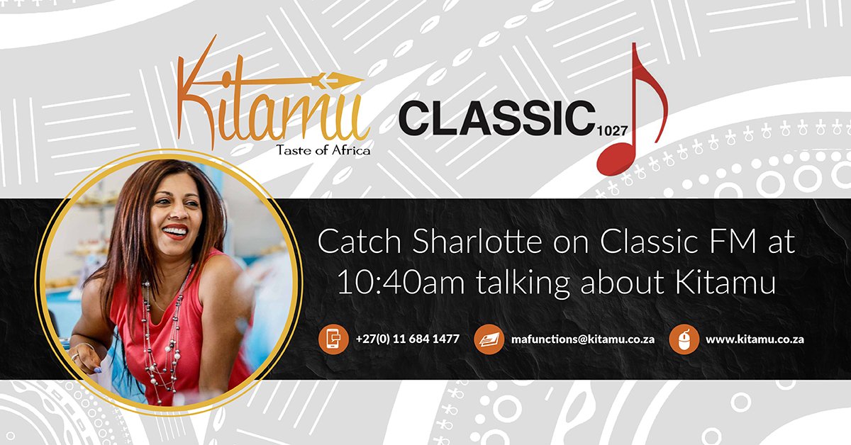Kitamu_SA's tweet photo. Owner of Kitamu, Sharlotte Naidu, will be live on CLASSIC1027 this morning at 10:40 am
Click here to listen to the live stream: https://t.co/S93ofISJOi and discover why Sharlotte is so passionate about Kitamu. #tasteofAfrica #classic1017 #radiointerview https://t.co/GG9pkUiI6r