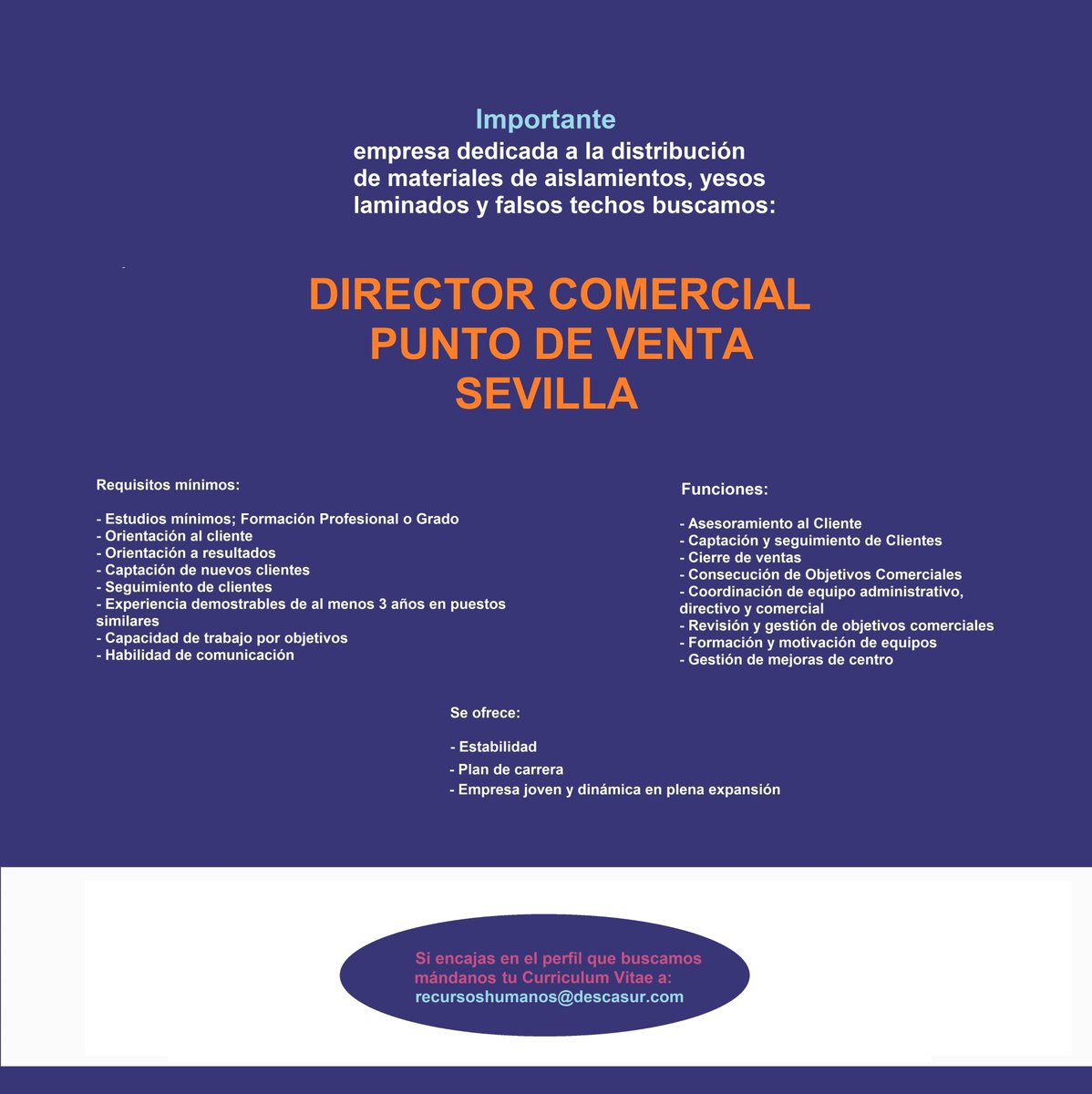 PylRelux's tweet photo. Buenos días 😀😀

Hoy comenzamos con una nueva oferta de empleo para Relux PYL:

- Buscamos a un Director comercial de punto de venta para Sevilla 

Si encajas en el perfil manda tu CV a: recursoshumanos@descasur.com

#ofertaempleo #directrcomercial #sevilla #reluxpyl https://t.co/UY7BSpsavc