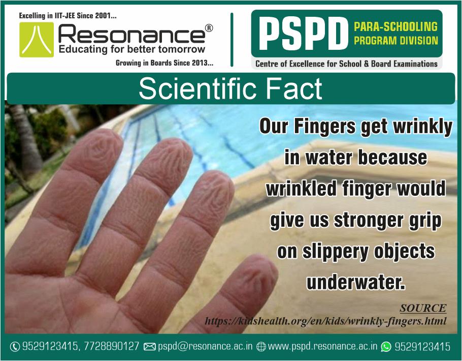 PspdResonance's tweet photo. 💡"SCIENTIFIC FACT"💡

Did you Know - Our fingers get wrinkly in water because wrinkled finger would give us stronger grip on slippery objects underwater. 

#Resonance #PSPD #ParaSchoolingProgramDivision #Kotacoaching #CBSE #RBSE #BOARDS #ScientificFacts
Post 11 https://t.co/LEH0NMadSg