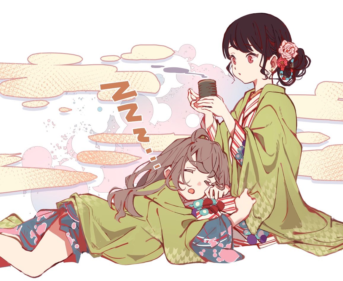 tsukioka kogane multiple girls 2girls sleeping japanese clothes kimono brown hair hair ornament  illustration images