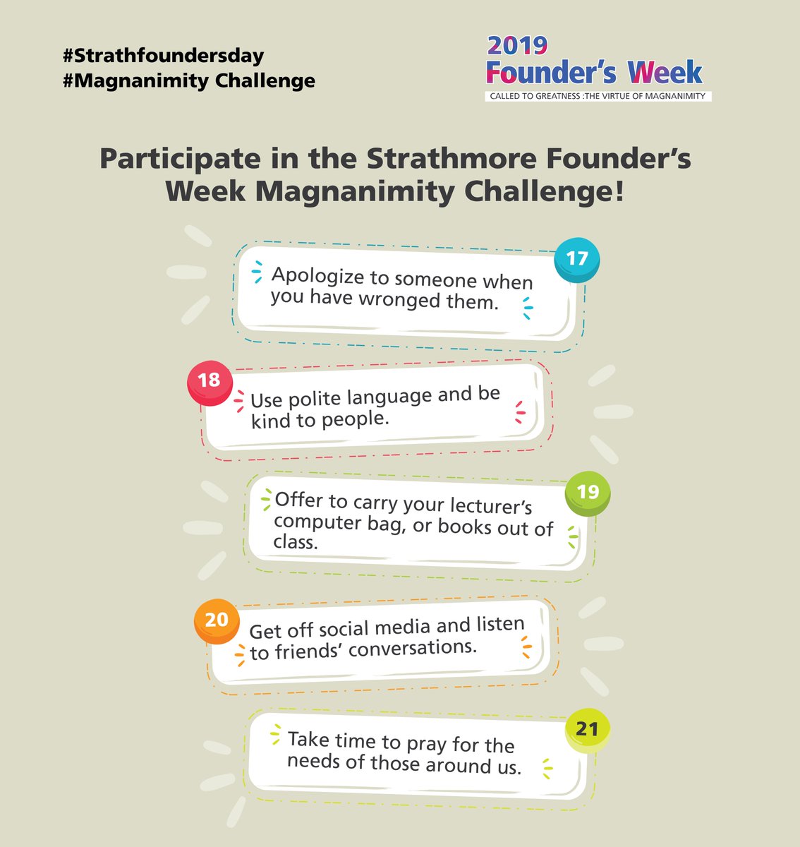 StrathU's tweet photo. Spot a stratizen performing any of the #21actsofkindness and tag us @StrathU and @StrathmoreSC.
#Strathfoundersday #magnanimity #magnanimitychallenge https://t.co/cvlfKLuUYq