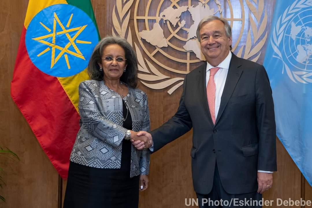 GazettePlusET's tweet photo. President #SahleWork #Zewde held a bilateral meeting with #Antonio_Guterres .He reaffirmed his appreciation for the reforms currently underway in #Ethiopia and for Prime Minister Abiy Ahmed's successful mediation in #Sudan.
#UN #Ethiopia. https://t.co/IEGyMZAVbP