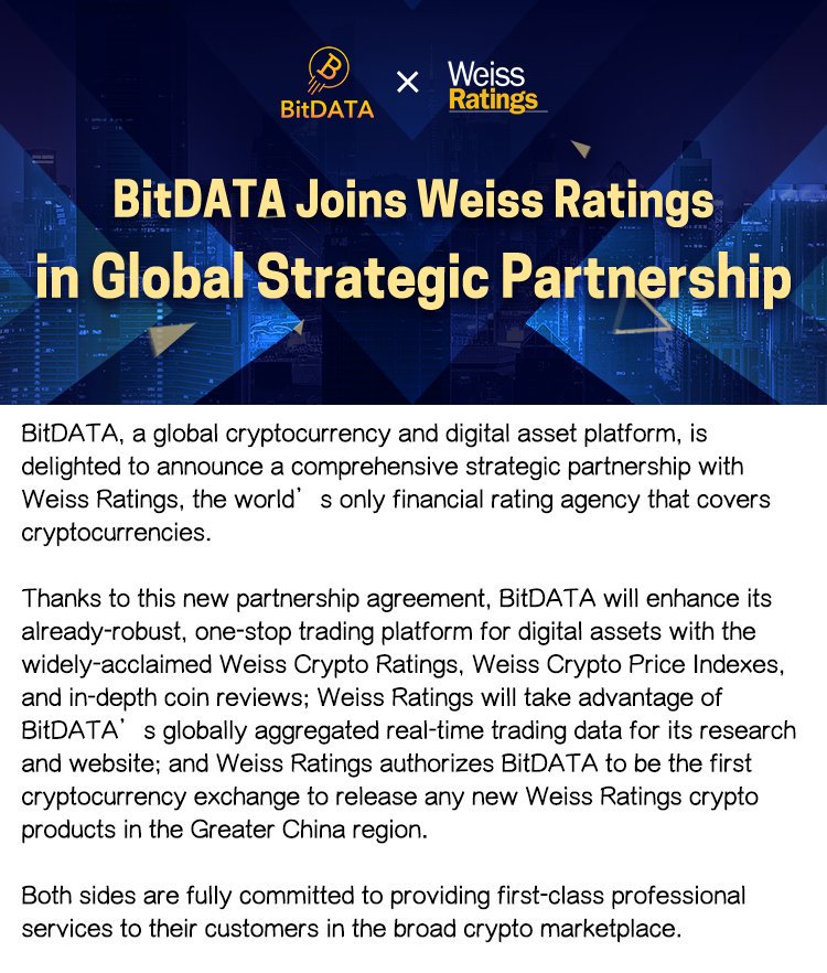 BitDATA_Group's tweet image. BitDATA, a global cryptocurrency and digital asset platform, is delighted to announce a comprehensive strategic partnership with Weiss Ratings, the world’s only financial rating agency that covers cryptocurrencies.
