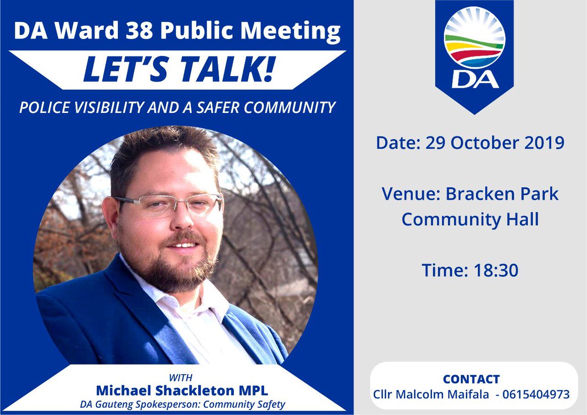 <a href="/Our_DA/">Democratic Alliance</a> Bracken Branch will be joined by <a href="/ShackletonLaw/">Michael Mzamani Shackleton</a> when we discuss Visible Policing and Community Safety.     #DAatWork <a href="/DAGauteng/">DA Gauteng</a> <a href="/DA_GPL/">Democratic Alliance Gauteng Legislature</a> <a href="/SollyMsimanga/">Solly Msimanga</a> <a href="/CllrMaifala/">Cllr Thavha Maifala-Masebe</a>