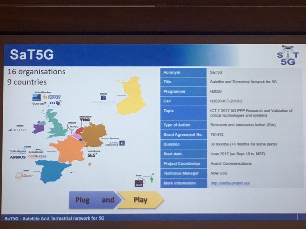 thinksmallcell's tweet photo. Avanti explaining how Sat5G project aims to make satellite backhaul for 5G plug and play. Lots of testbed work, not just theoretical. At #CWTEC today. https://t.co/OTOQBmcmXT