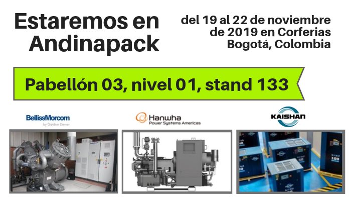industrialservs's tweet photo. Estaremos en @AndinaPack , exhibición internacional de productos, equipos y sistemas asociados al envase, empaque y tecnologías para la industria, del 19 al 22 de noviembre de 2019 en Corferias Bogotá, Colombia, pabellón 03, nivel 01, stand 133 #airecomprimido #compresoresdeaire https://t.co/Ps2b86OIsN