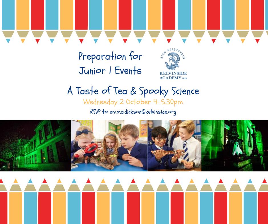 KAGreenForest's tweet photo. Is your child starting Primary 1 next year?
Join @KA_JuniorSch  for “A Taste of Tea and Spooky Science on Wed 2 Oct, 4.00-5.30pm.

Fun in the science labs followed by you and your child(ren)'s evening meal courtesy of @InspireCatering. 

RSVP to emma.dickson@kelvinside.org https://t.co/YuY30y6uXY