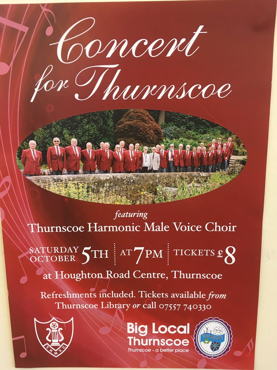 Tickets on sale now (£8 including refreshments) at Thurnscoe Library for the fantastic Thurnscoe Harmonic MVC concert Saturday 6th October at Houghton Road Centre 7pm. It will be a great night, hope to see you there!