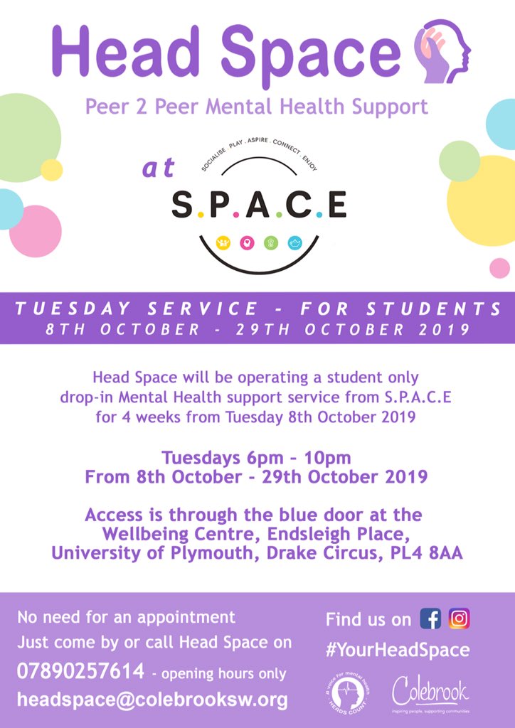 We’re more than excited to have student only Head Space sessions coming to campus in October! Please share far and wide so our students know this fantastic service is available! 😀<a href="/ColebrookSW/">Colebrook SW</a> <a href="/Heads_Count/">Heads Count</a> @PlymStudentHub <a href="/PlymUni/">University of Plymouth</a>  #mentalhealth <a href="/upsu_advice/">UPSU:advice</a> <a href="/upsu/">UPSU</a> #yourheadspace