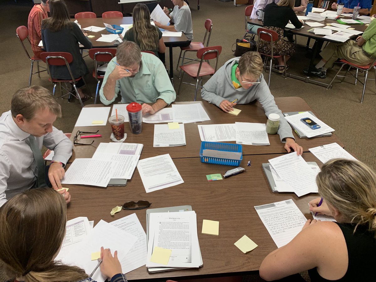 nmspride's tweet photo. NMS Thursday morning staff development. Grading and calibrating student writing. #proficiencygrading #commonscoring #WeAreNoble https://t.co/cL43Iv3CI9