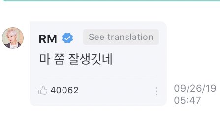 💜 “whenever the camera approaches, they act so silly and giddyㅋㅋㅋㅋㅋㅋㅋㅋㅋ”
🐨 “boy, they are handsome”*
 
* in satoori; he started with “ma” (as in jungkook’s angry “ma!!” or “ma” in the beginning of yoongi’s second verse in paldogangsan)