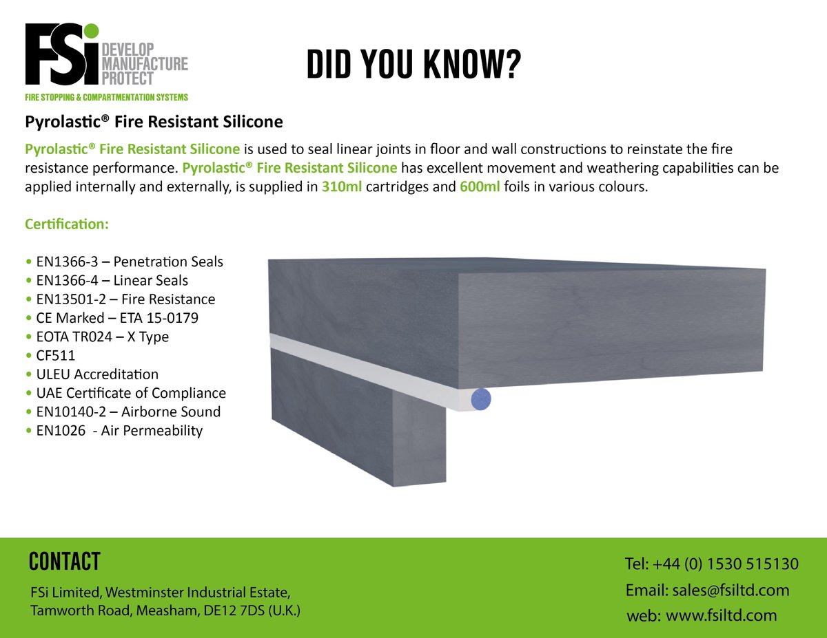 Did you know?

We not only produce fire resistant sealant, but also fire resistant silicone. Pyrolastic® Fire Resistant Silicone is used to seal linear joints in floor &amp; wall constructions.

fsiltd.com/pyrolastic-sil…

For more information call 01530 515130 or email sales@fsiltd.com