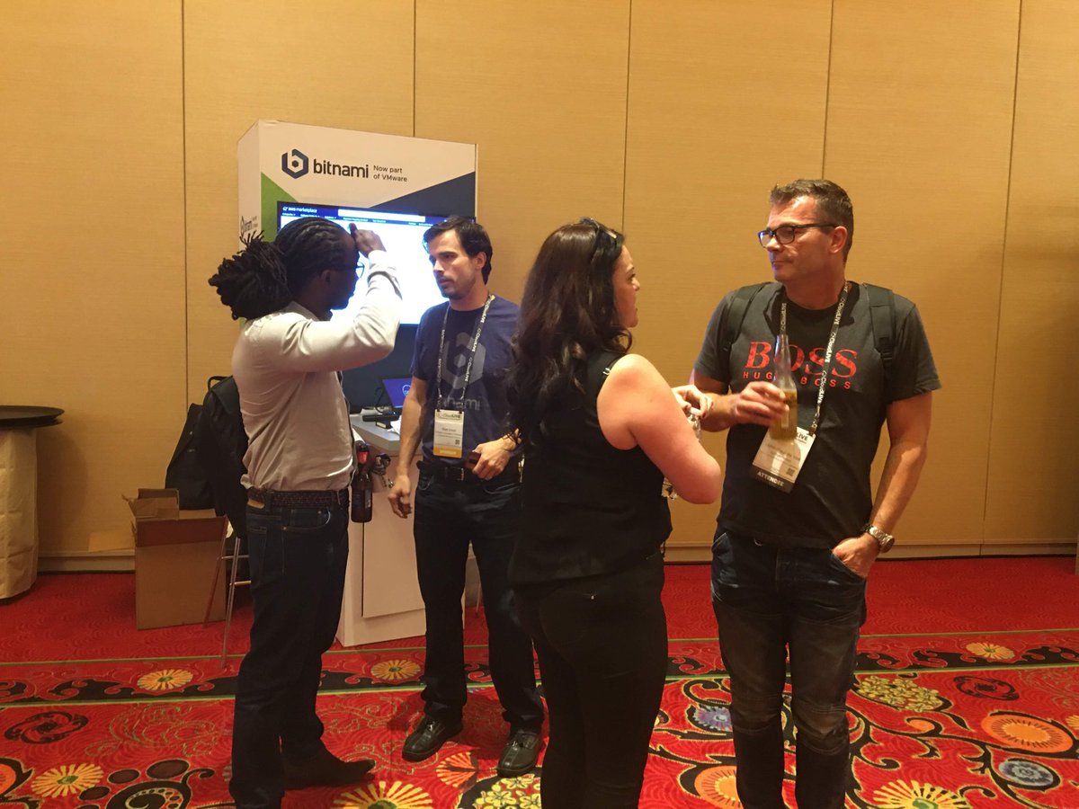 realSamHerren's tweet photo. Great to have our VP/GM of Cloud Services, @virtualmilin visit our booth to give his guidance and viewpoints of @VMware and @bitnami at #CloudLIVE2019. @zmv @matthewsmall #TCOB https://t.co/papc1uBzjg