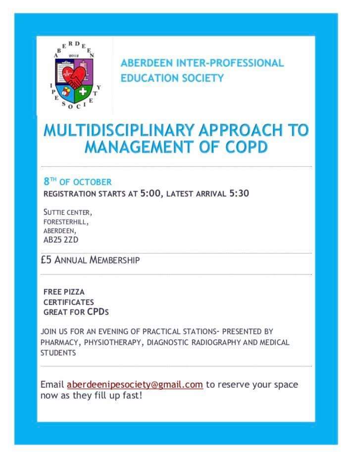AberdeenIPESoc's tweet photo. Our 1st event will be made up of interactive stations led by medical students, diagnostic radiography, pharmacy and physiotherapy. Join us in learning about this progressive lung disease and how multidisciplinary teams work together to manage COPD. https://t.co/vMX8cXDNAm