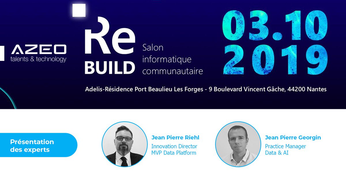 Nous vous donnons rendez-vous le 03.10 prochain pour l'édition 2019 du ReBuild de Nantes. Sponsor Platinium cette année, nos experts, <a href="/djeepy1/">Jean-Pierre Riehl</a> et @Jean-pierre Georgin
 prendront la parole lors des sessions techniques, meetup ...  🎙🔎 ow.ly/SJKE50w2AjV
#MSRebuild #AZEO #MS