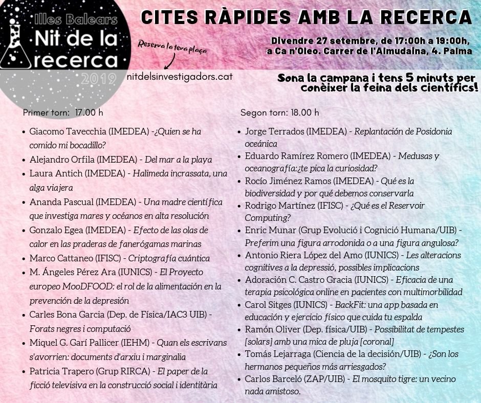 FEE_UIB's tweet photo. @UIBuniversitat @idisbaib @EDUN_IB @FundacioBit @IMEDEA_UIB_CSIC @IFISC_mallorca @socib_icts @IehmUib El DEE de la @FEE_UIB participa en #CitesRàpides amb científics de la #NitRecercaIB con Tomás Lejarraga del grupo de investigación sobre ciencia de la decisión. ¡Os esperamos de 18 a 19 horas en 
📍#CanOleo, c/ de l'Almudaina, 4, #Palma
Inscríbete en
👉https://t.co/It9tLDIrOm https://t.co/ev9xY0eAyG