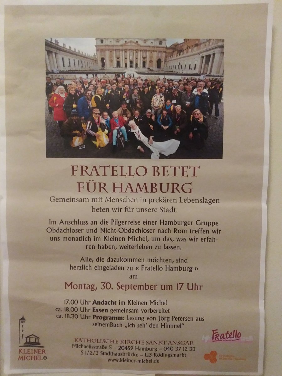 "Gemeinsam mit Menschen in prekären Lebenslagen beten wir für die Stadt."
30.9., kleiner Michel, 17 Uhr.
kahh.de/fratello/