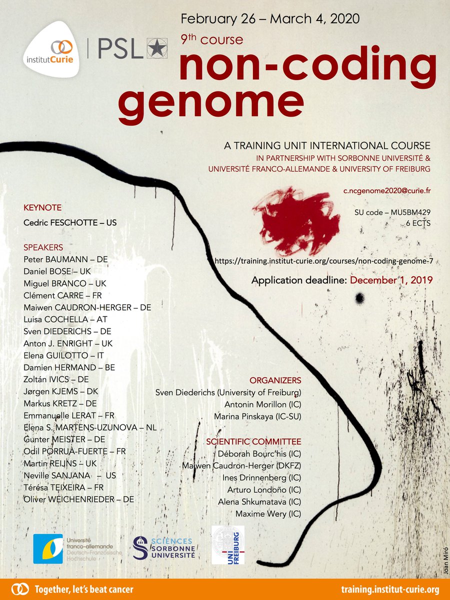 Non-Coding Genome 9th course | #InstitutCurie inviting amazing speakers: <a href="/CedricFeschotte/">Cedric🧬➰🧬Feschotte</a> <a href="/danbose/">Dan Bose (@danbose.bsky.social)</a> <a href="/BrancoLab/">Miguel Branco</a> <a href="/LCochella/">Luisa Cochella</a> <a href="/MeisterLab/">Meister lab</a> <a href="/nevillesanjana/">Neville Sanjana</a> and many more!

26 Feb - 4 Mar 2020, Paris
Registrations open 👉 training.institut-curie.org/courses/non-co…