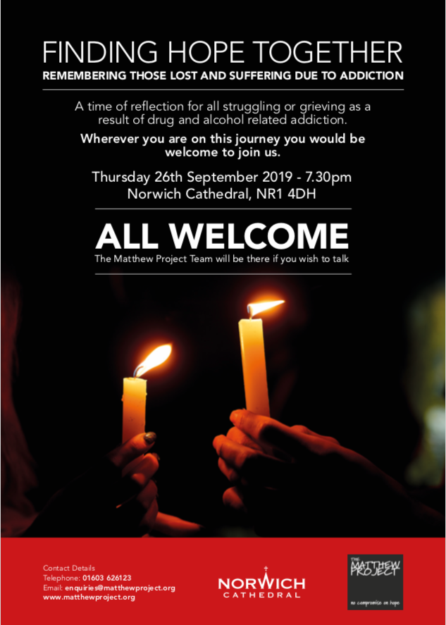 Nrw_Cathedral's tweet photo. #FindingHopeTogether - a service with @MatthewProject to remember those lost and suffering due to addiction - takes place @Nrw_Cathedral tonight at 7.30pm.
All are welcome to attend the service. https://t.co/PySVdzjWCe
