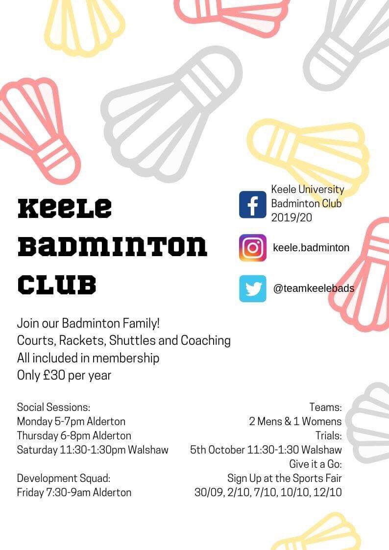teamkeelebads's tweet photo. Hey guys!Not too long now until the Sports fair so do come down and see us .We’re looking forward to meeting you all next week☺️Below is a reminder about our sessions and also provisional dates for our Wednesday night socials at the SU!Do have a look🏸 https://t.co/VxAwEWlMg6