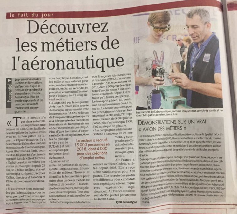 AgenceOzelys's tweet photo. ☕️🥐📰 [#LaPresseDuJour] @ladepechedumidi @ladepeche31 annonce le #SFMATLS19 de ce we avec un ENORME papier emploi et formation aero signé @cyrildoumergue : contexte, chiffres, programme du salon. Tout y est 👇 https://t.co/bJqfse1kaq