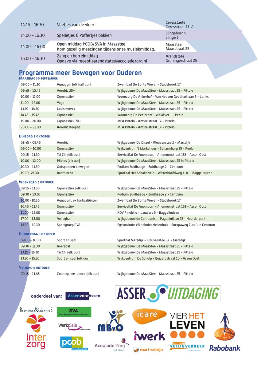 AsserUitdaging's tweet image. Bekijk hier het programma van de Nationale Ouderenweek in Assen!! Hele week leuke en gratis activiteiten voor ouderen (voor sommige activiteiten moet er aangemeld worden) - Delen wordt gewaardeerd