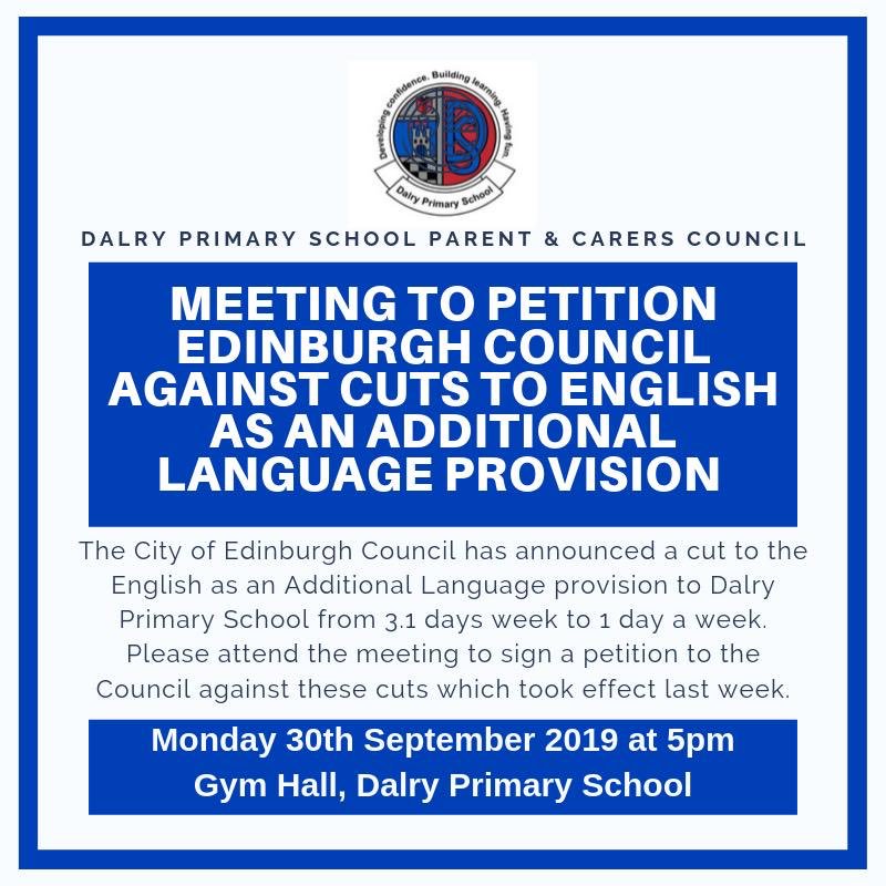 Meeting to Petition <a href="/Edinburgh_CC/">The City of Edinburgh Council</a> against EAL cuts. Monday 30th September at 5pm @ Dalry Primary School. Please share with our school community. #educationemergency #stopEALcuts