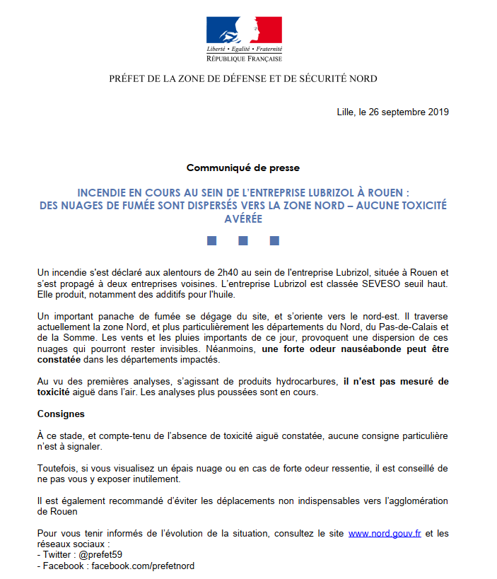 ⚠️ Incendie en cours au sein de l’entreprise #Lubrizol à #Rouen  : des nuages de fumée sont dispersés vers la zone #Nord (notamment dans le Nord, #PasdeCalais, #Somme). 

Aucune toxicité avérée. Toutefois, une forte odeur nauséabonde peut être constatée. 

Pour en savoir plus 👇