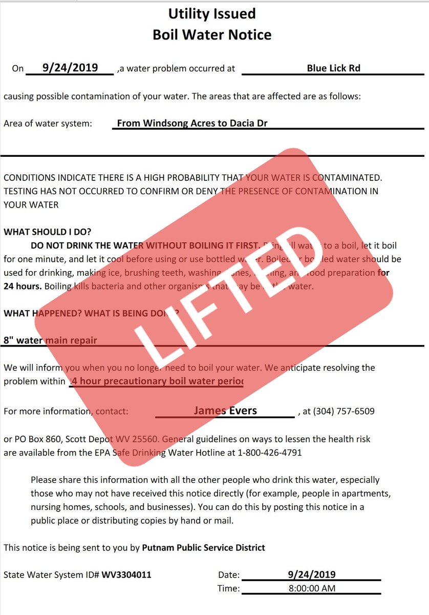 PutnamPSD's tweet photo. Boil water notification has been lifted . https://t.co/i6ulHgnEvH
