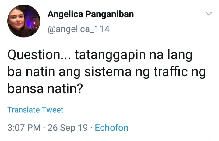 iMPACTPH2019's tweet image. Angelica Panganiban, Department of Transportation Secretary on traffic:
___

TRAFFIC?

#MagpaRehistroKa para sa isang gobyernong may care sa sistema ng traffic sa bansa natin!

#VoterReg2019 is until September 30, excluding Sunday, 8 AM to 5 PM! Magdala ng valid ID.