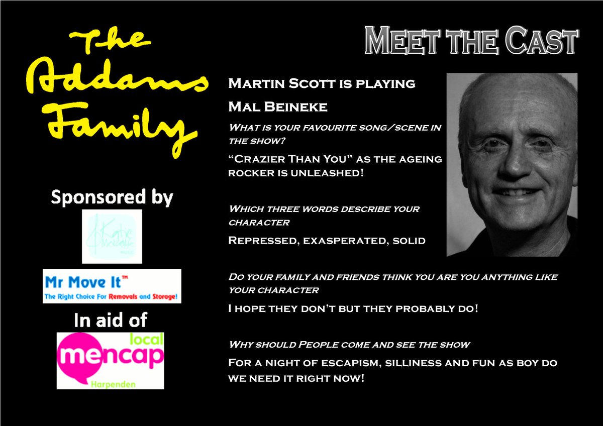 With under 2 weeks until curtain up, we are going to meet Mal Beineke, played by new member of @HMTC60, Martin 😀🖤👻🧟♂️.
8-12th Oct 2019 at the @HarpendenHalls
@HarpendenMencap
https://t.co/LI9pXXX4O8
#hmtctheaddamsfamily #whenyouranaddams #meettheaddams #supportlocaltheatre https://t.co/47rakDKHda