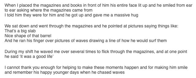 CarveMag's tweet image. Gave an amazing dementia carer some mags and a book for one of her clients who used to surf yesterday. All he remembers is surfing these days, but doesn't speak much. Got this email this morning. Some things money can't buy.
#Alzheimers #dementia #surfing
